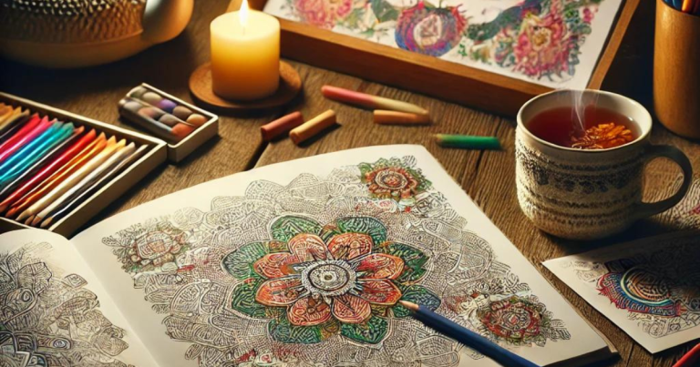 A cozy evening scene with an adult coloring book open to an intricate mandala design on a wooden table. A set of colored pencils is scattered around, and a steaming cup of chamomile tea is placed nearby. Soft, warm lighting from a lamp creates a serene atmosphere. In the background, there are a few finished colored pages showcasing vibrant floral motifs and geometric patterns. The setting exudes tranquility and mindfulness, capturing a peaceful and creative retreat.