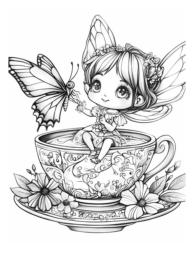 Fairy with a butterfly on her finger sitting inside a tea cup