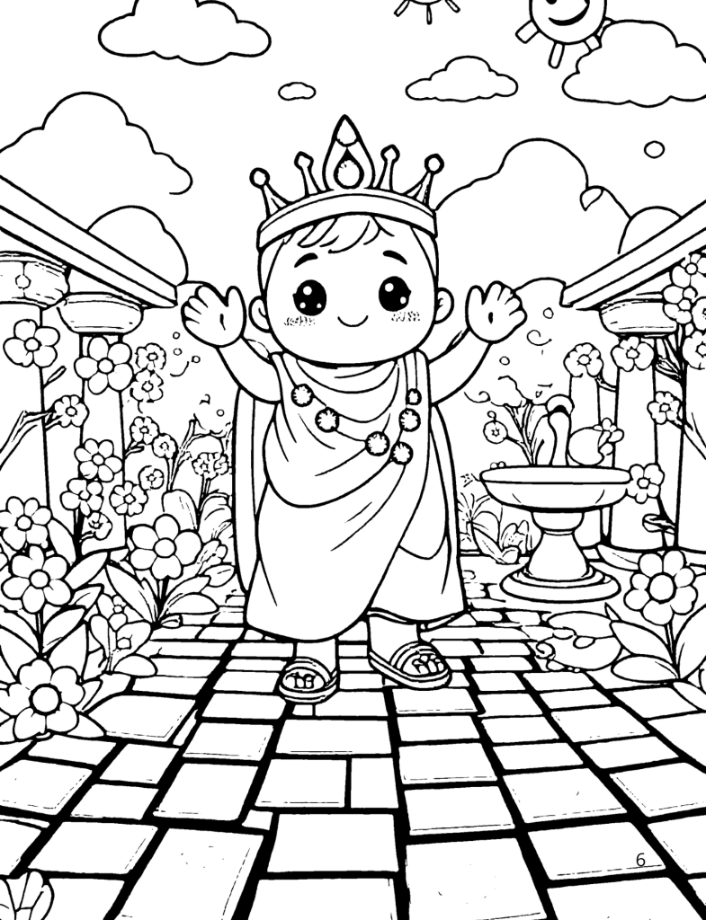 kawaii style emperor in toga smiling on a brick road