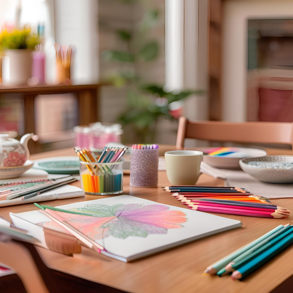 Beginner-friendly coloring setup with open book and pencils