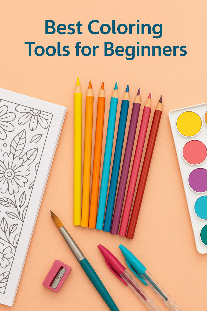 Flat lay of colored pencils and gel pens arranged with a floral coloring book page, showcasing tools ideal for beginner colorists