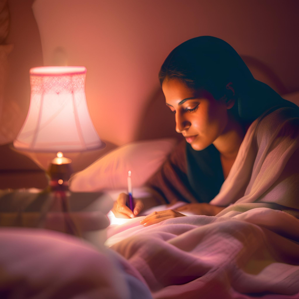 Woman coloring in bed for nighttime relaxation