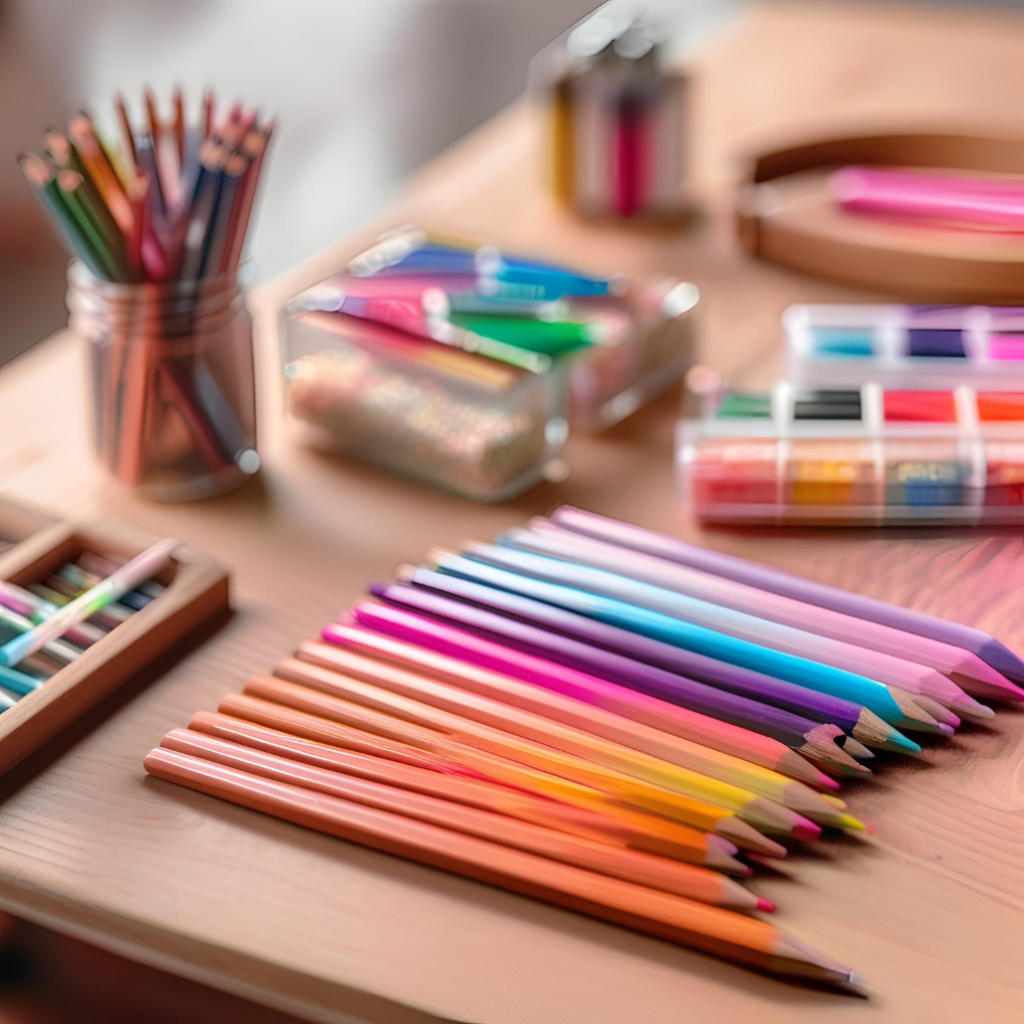 Flat lay of essential coloring tools for adults on wooden desk