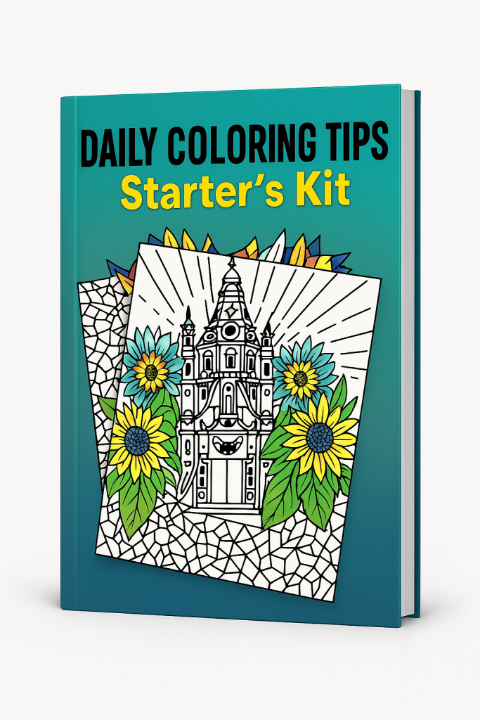 3D mockup of the Coloring Tips Starter Kit book featuring a colorful title banner, intricate black-and-white castle illustration, and sunflowers, designed to promote free coloring resources for adults and beginners.