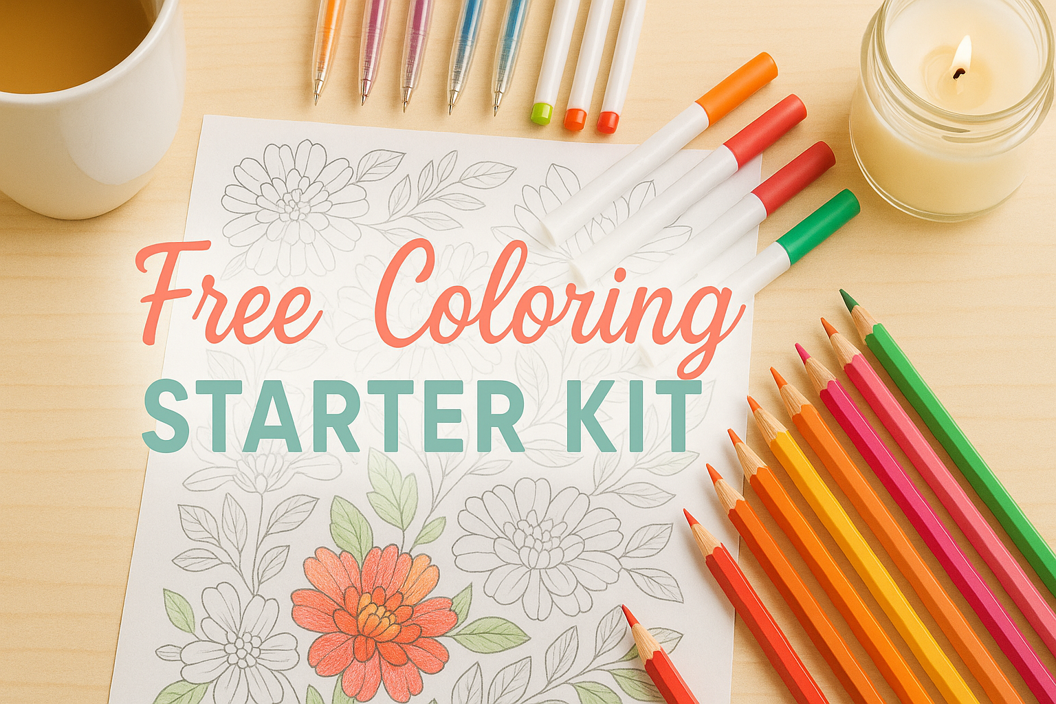 Flat lay of a cozy coloring workspace featuring a partially colored floral page, vibrant gel pens, markers, and colored pencils, with a candle and coffee mug, and the title 'Free Coloring Starter Kit' in soft coral and mint text – ideal for promoting printable coloring resources.