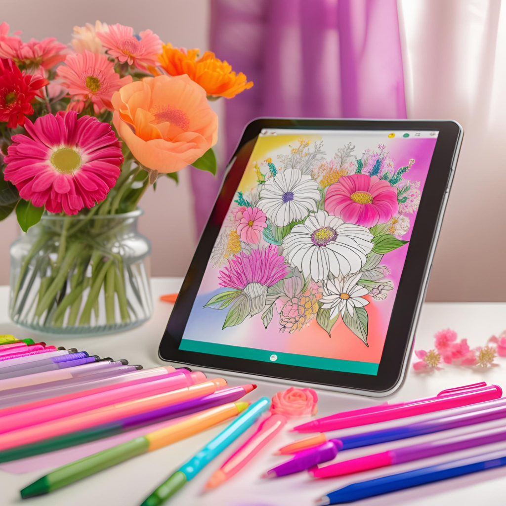 Tablet displaying downloadable coloring pages with pens and flowers