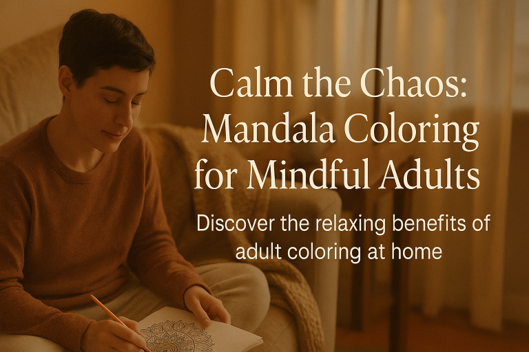 Adult practicing mindfulness through coloring on a cozy couch, soft light creating a tranquil mood, open mandala book on their lap.
