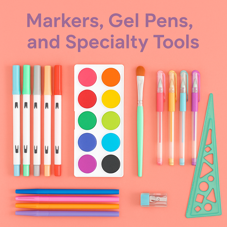 Flat lay of colorful markers, dual-tip pens, gel pens, watercolor tray, and specialty ruler on a coral background for adult coloring projects