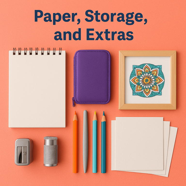 Flat lay featuring spiral-bound sketchbook, framed mandala art, pencil sharpener, blending stump, and purple storage pouch for coloring supplies