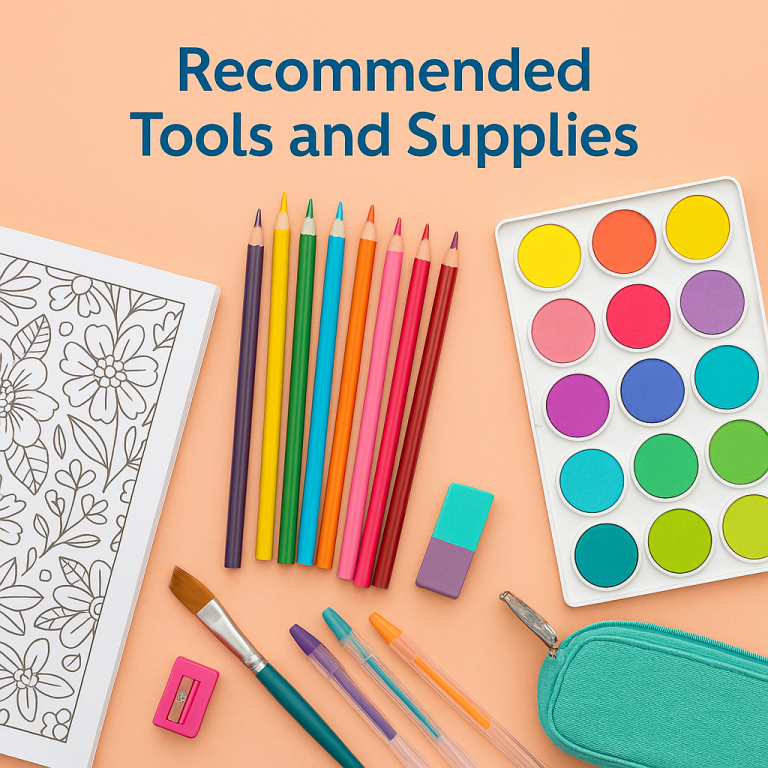 Flat lay of adult coloring supplies including colored pencils, gel pens, eraser, watercolor set, sharpener, and coloring book on a peach background