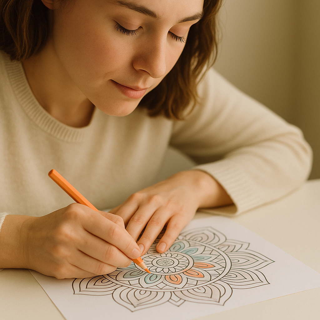 Woman peacefully coloring to reduce stress and practice mindfulness