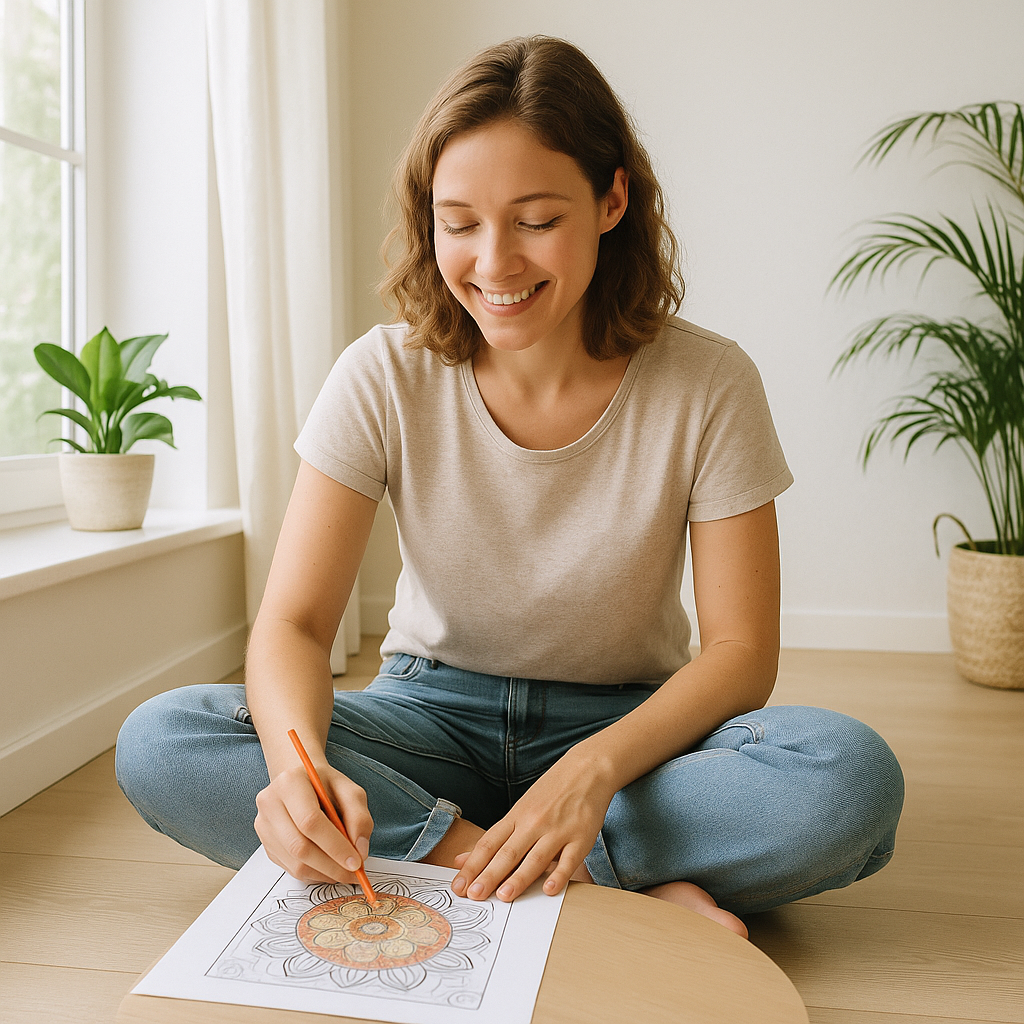 Adult relaxing while coloring a mandala in natural light