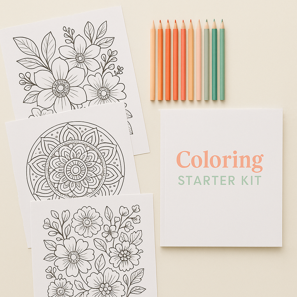 Flat lay of printable coloring pages, pencils, and free starter kit materials