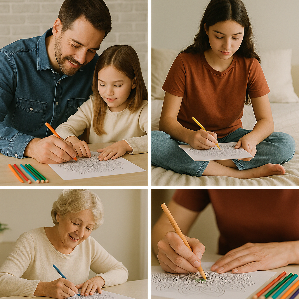 Diverse group of people enjoying coloring as a creative self-care activity
