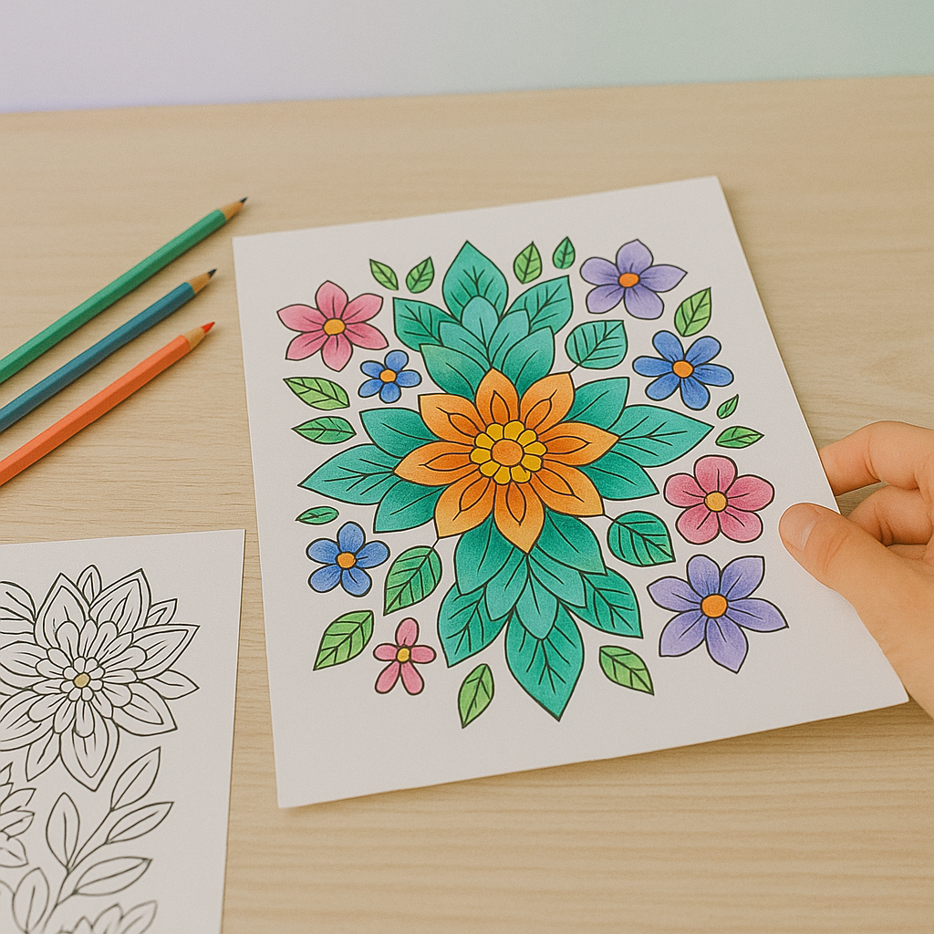 Completed coloring page next to pencils, soft light and inviting space
