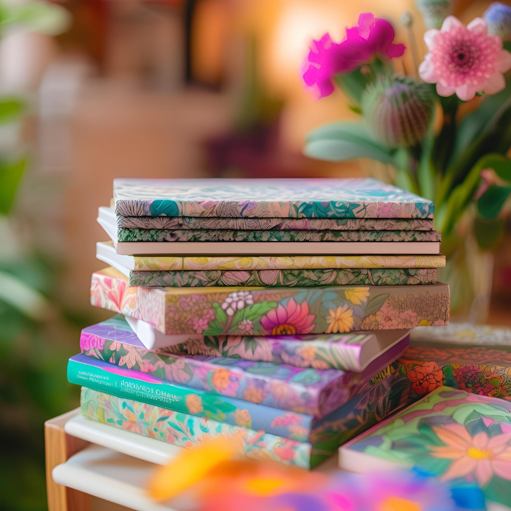 Stack of diverse adult coloring books with floral and fantasy themes