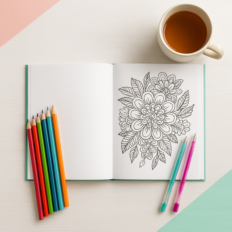 Flat lay of adult coloring book with pencils and tea for stress relief