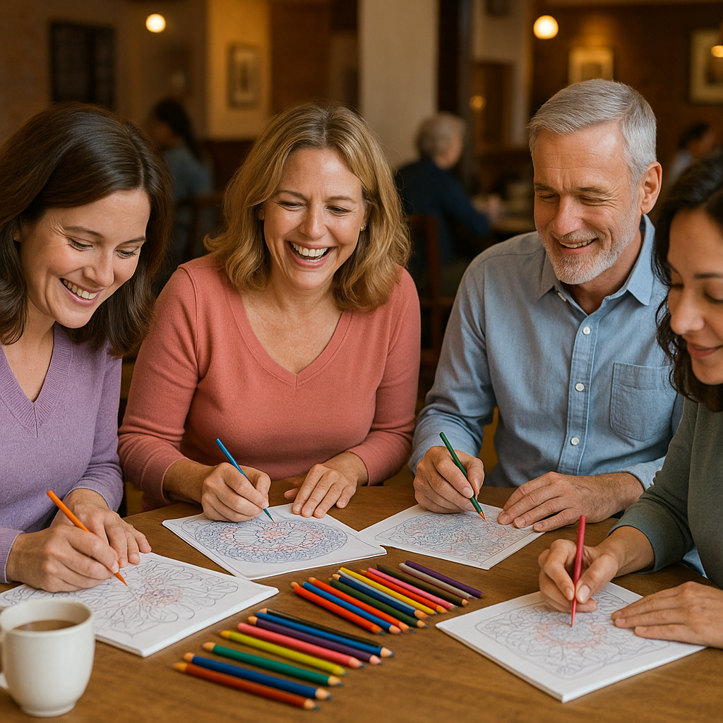 Group of adults enjoying adult coloring books in a cozy setting
