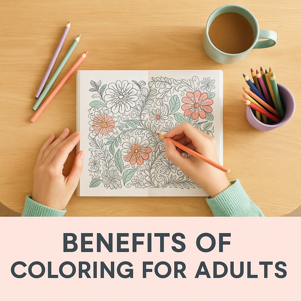 Person coloring a detailed floral page in an adult coloring book using coral and mint tones