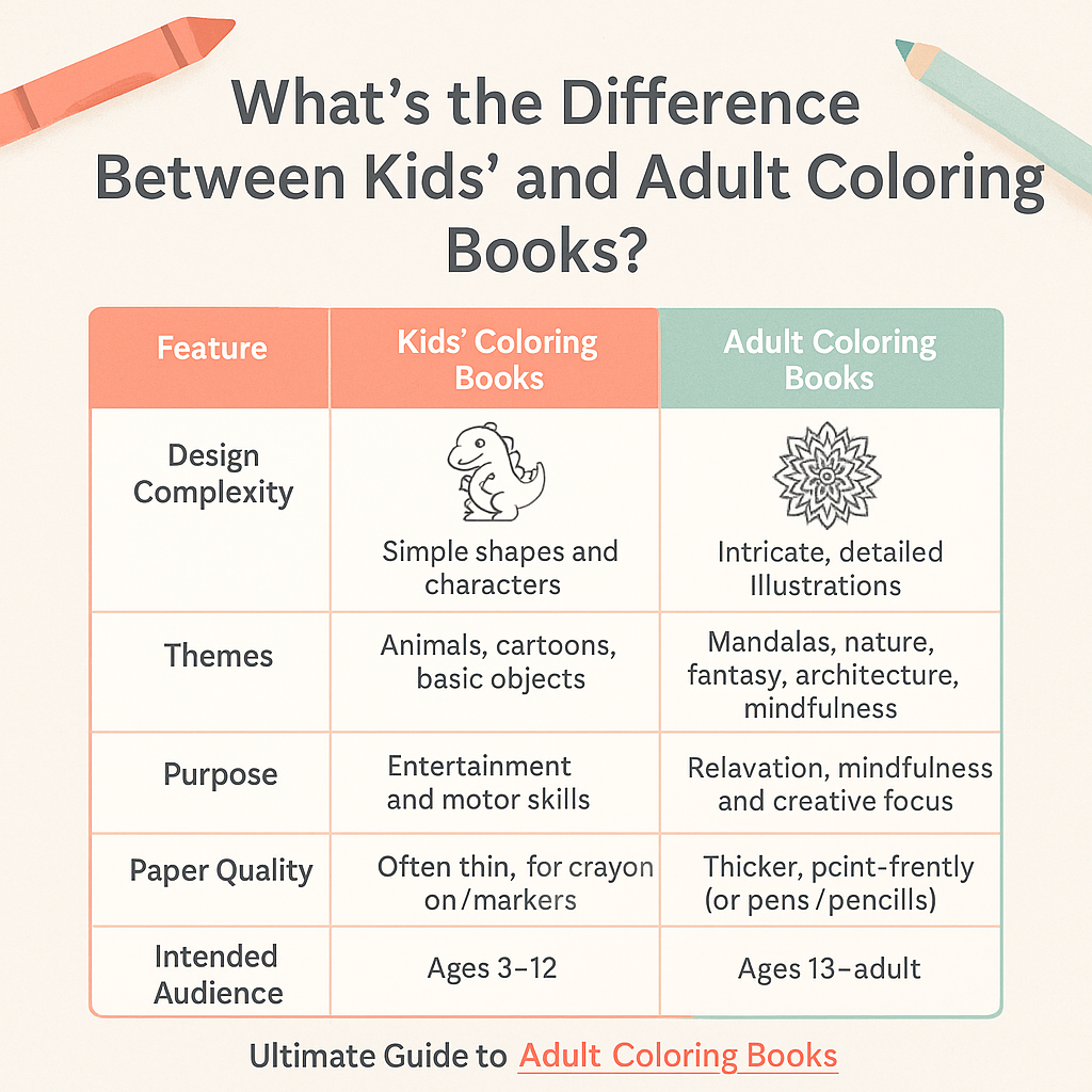 Infographic comparing features of kids’ vs. adult coloring books including design complexity, themes, purpose, paper quality, and audience