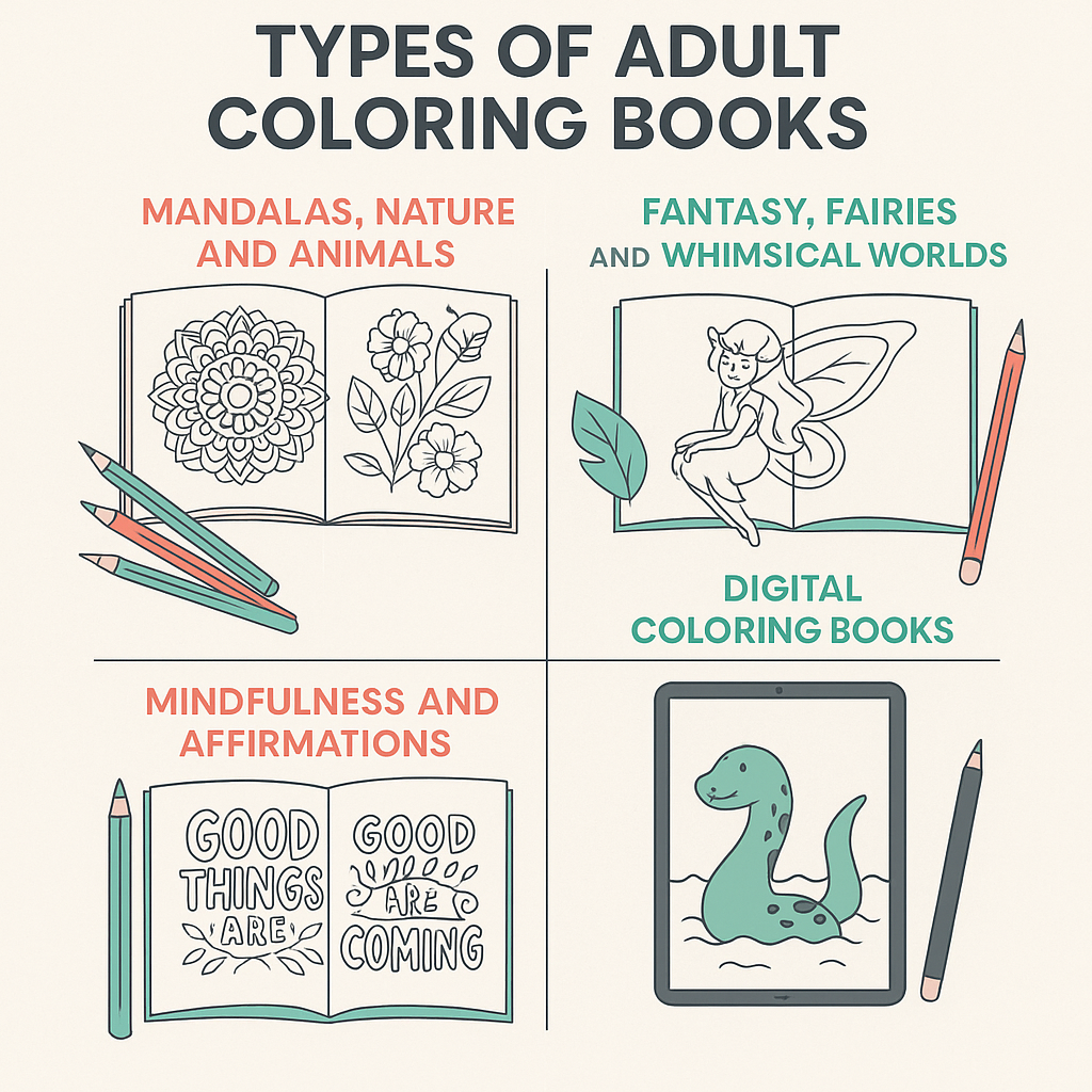 Infographic showing types of adult coloring books: mandalas and nature, fantasy, mindfulness affirmations, and digital coloring on tablet