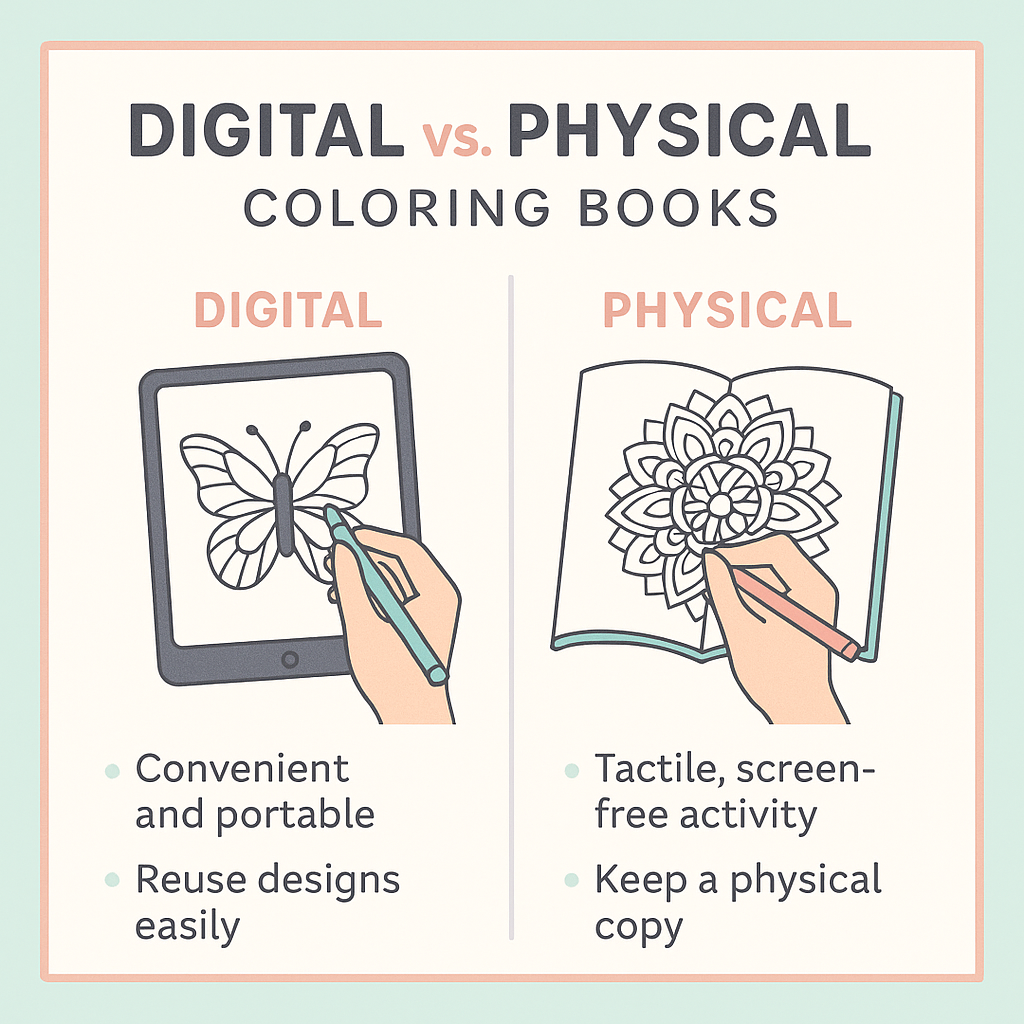 Infographic comparing digital and physical adult coloring books with icons of tablet and open book, listing pros of each format