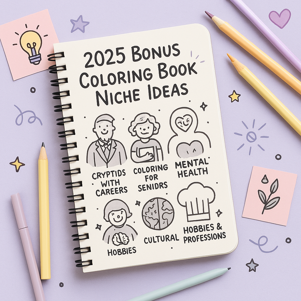 Flat lay of a sketchbook labeled “2025 Bonus Coloring Book Niche Ideas” with black-and-white icons for Cryptids with Careers, Coloring for Seniors, Mental Health, Cultural Traditions, and Hobbies & Professions. Surrounded by pastel pencils and lavender background with creative doodles.