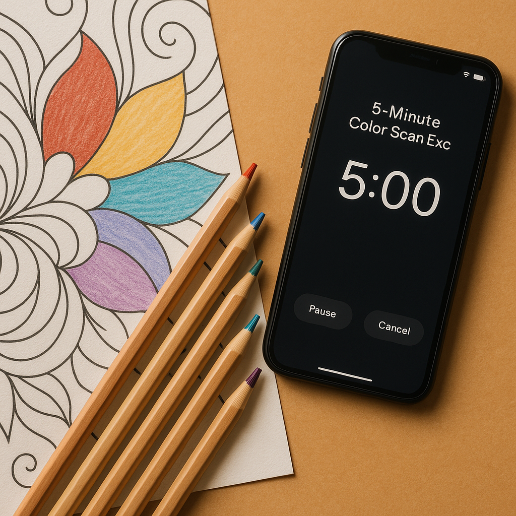 Quick coloring session showing five colored pencils and a timer set for 5 minutes