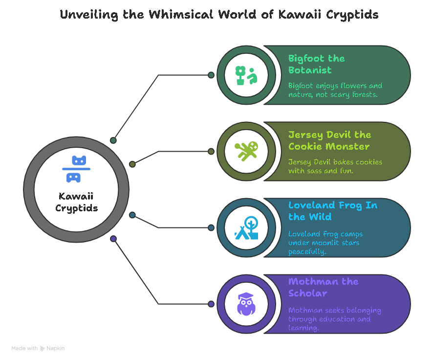 Infographic titled "Unveiling the Whimsical World of Kawaii Cryptids" featuring Bigfoot, Jersey Devil, Loveland Frog, and Mothman in cute themed roles like botanist and cookie monster