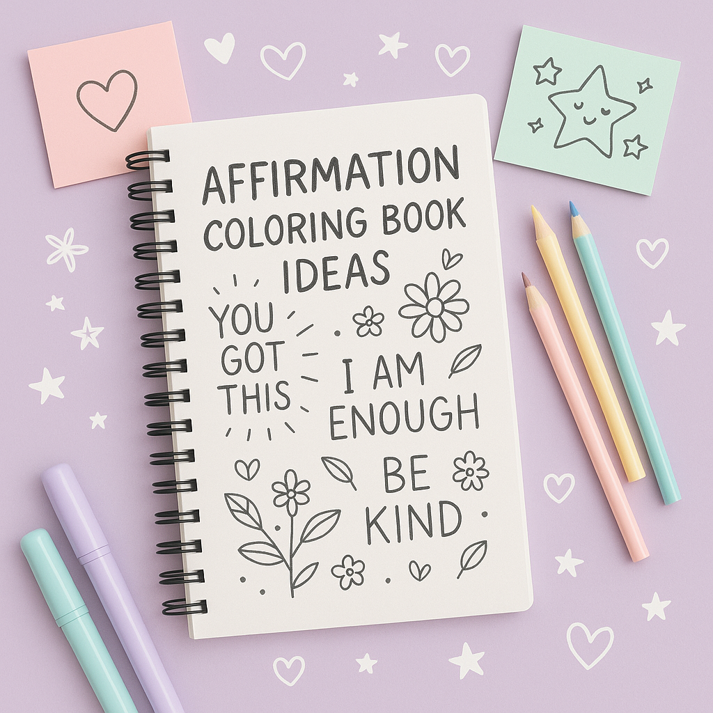 Flat lay sketchbook labeled “Affirmation Coloring Book Ideas” with hand-lettered phrases like “You Got This,” “I Am Enough,” and “Be Kind,” surrounded by pastel pencils, sticky notes, and stars on a lavender background
