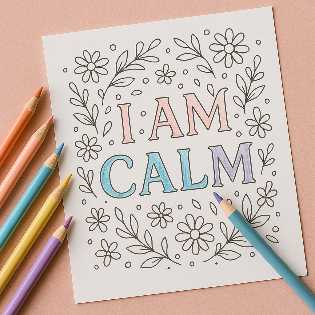 Affirmation coloring page with ‘I Am Calm’ in elegant lettering surrounded by soft doodles and colored pencils