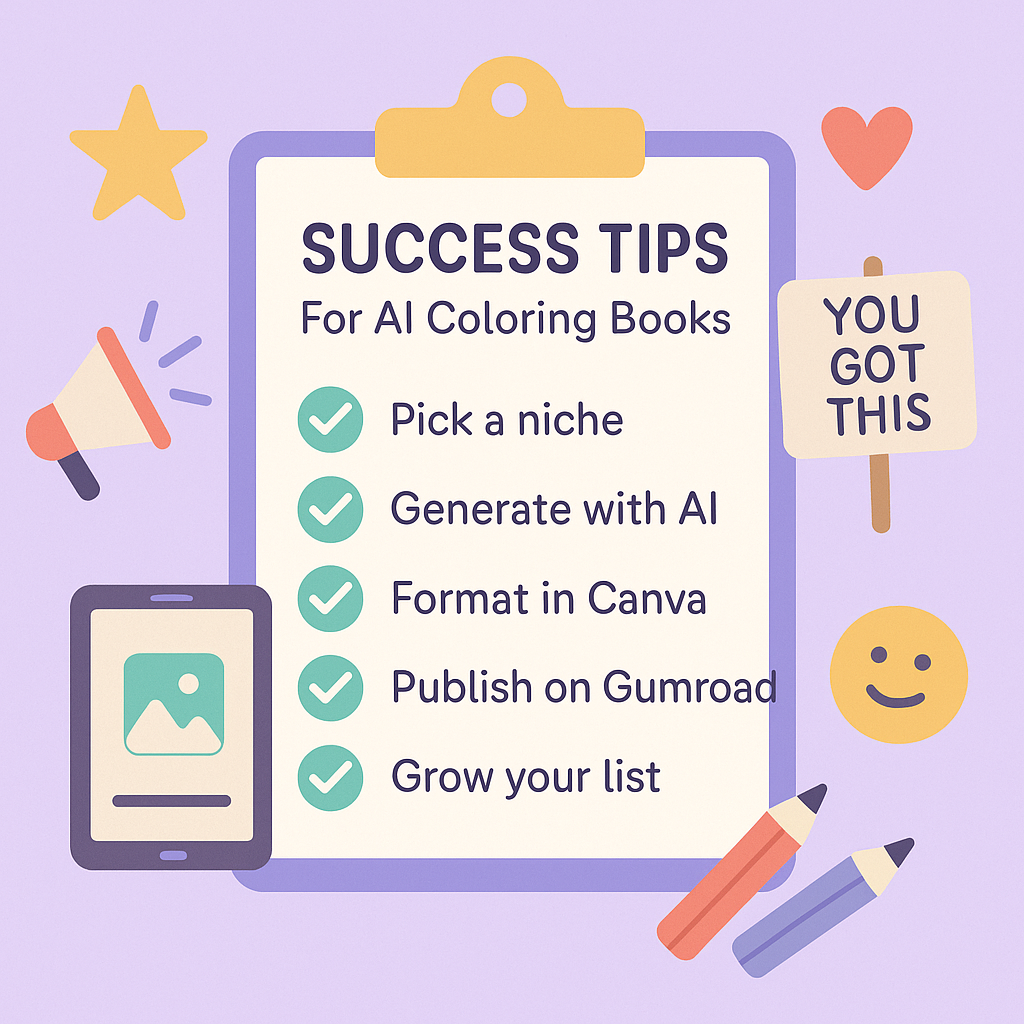 Checklist for AI coloring book creators on a clipboard with five steps: pick a niche, generate with AI, format in Canva, publish on Gumroad, grow your list; lavender background with motivational icons
