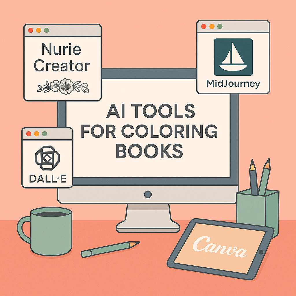 AI Tools for Coloring Book Creation Flat lay illustration of a coral-colored workspace showing a computer screen titled “AI Tools for Coloring Books,” with labeled windows for Nurie Creator, MidJourney, DALL·E, and a tablet labeled Canva