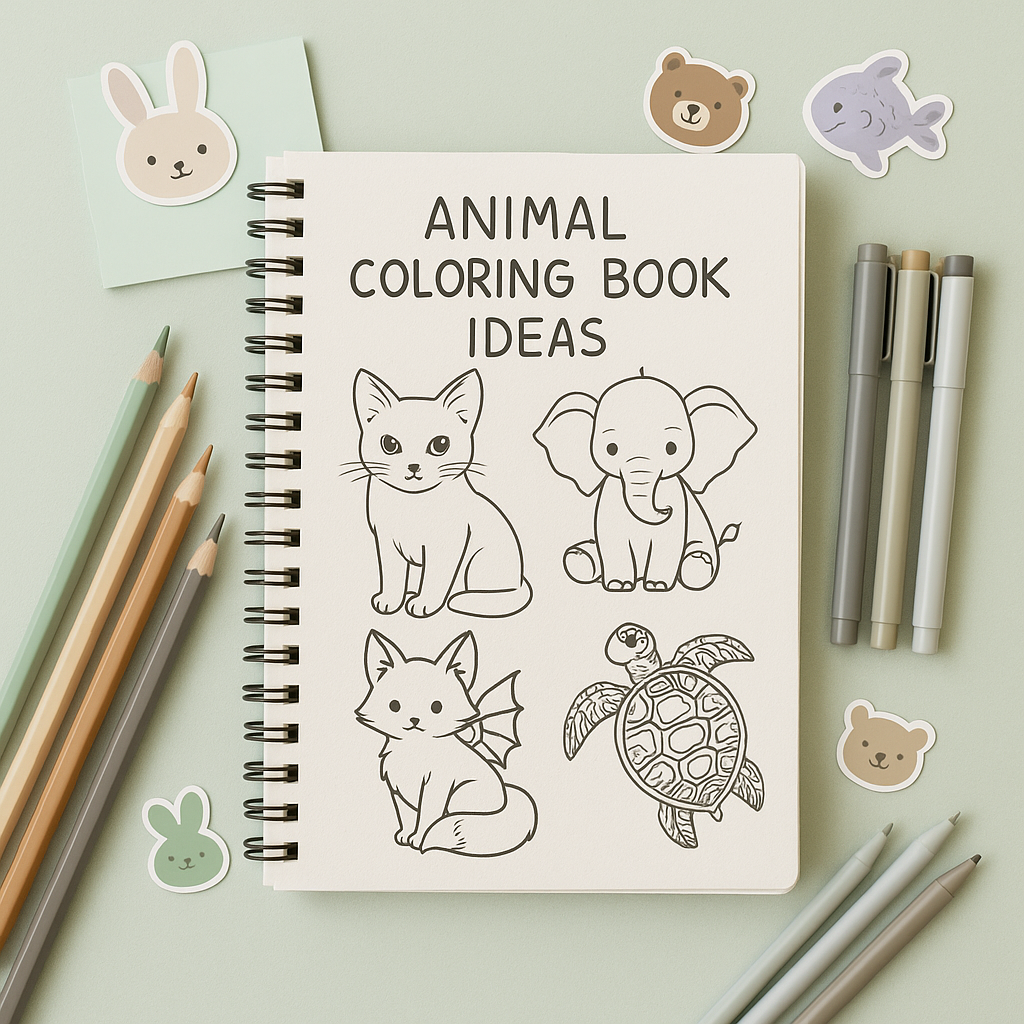 Flat lay sketchbook titled “Animal Coloring Book Ideas” with black-and-white drawings of a cat, baby elephant, dragon-fox hybrid, and sea turtle, surrounded by pastel pencils, pens, and cute animal stickers on a mint green background