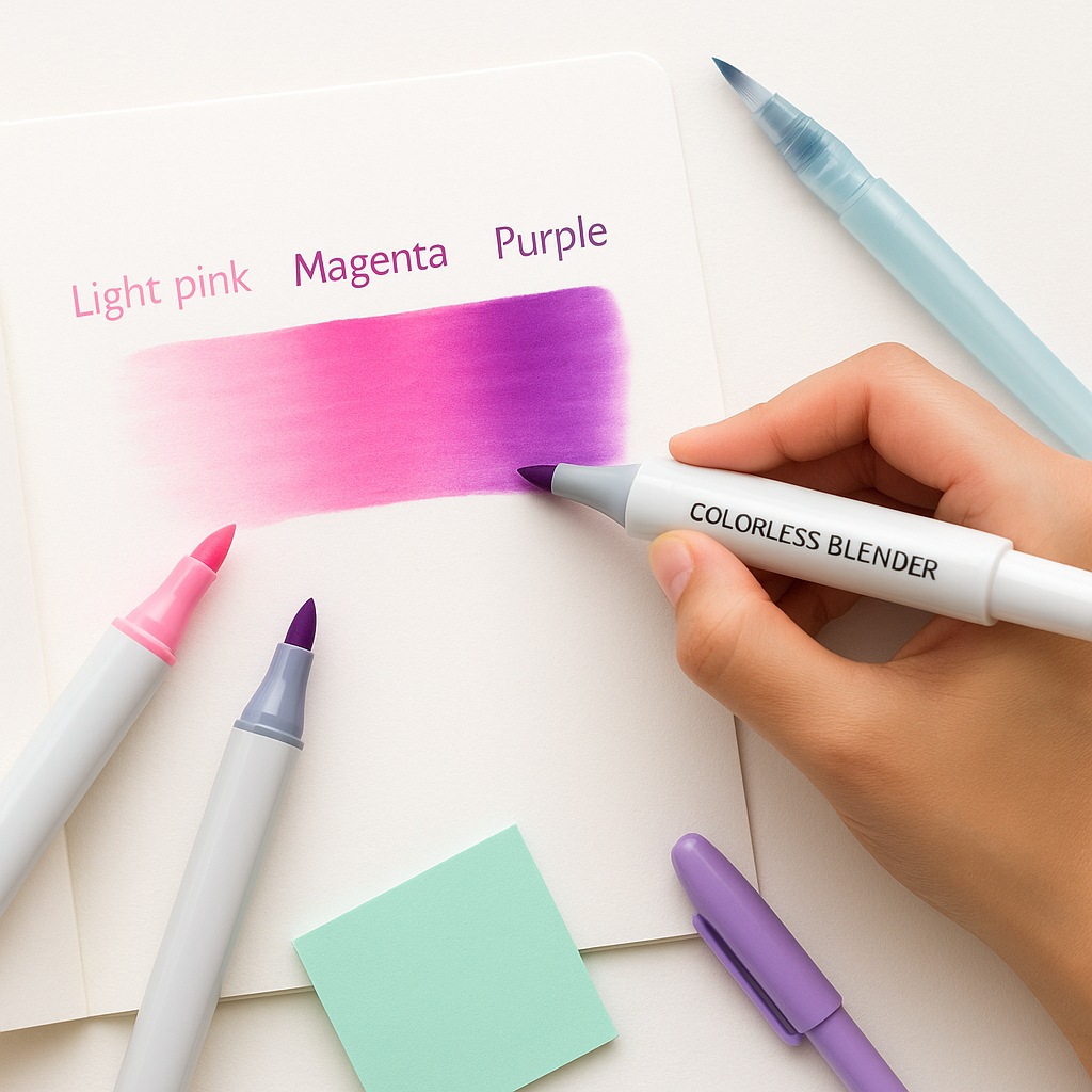 Gradient blending with alcohol markers from light pink to purple, with a colorless blender in hand and pastel art tools surrounding the swatch
