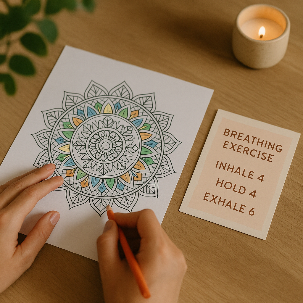 Hands coloring a mandala page next to a breathing technique card for anxiety relief