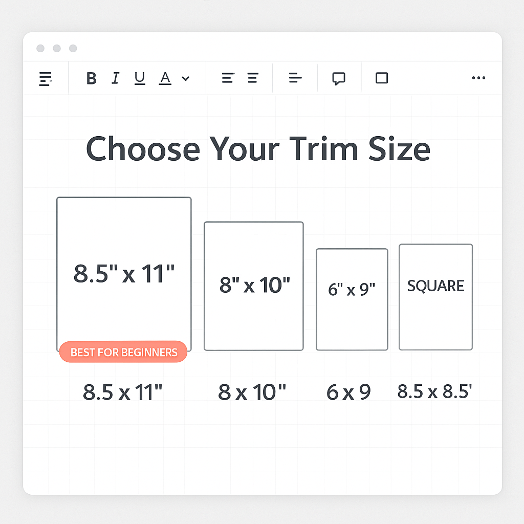 Comparison of popular coloring book trim sizes with 8.5x11 highlighted