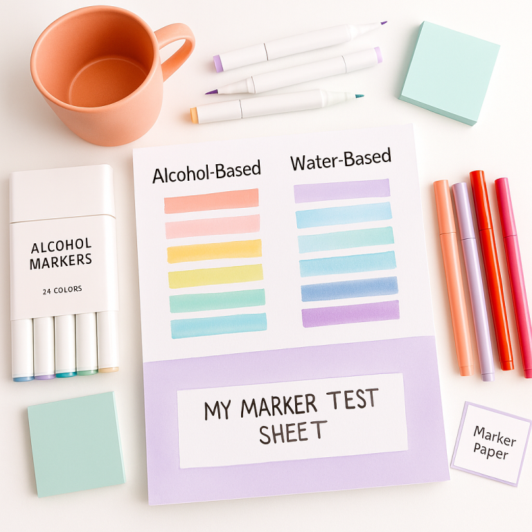 Flat lay comparison of alcohol-based and water-based markers with labeled swatches and a marker test sheet surrounded by pastel accessories