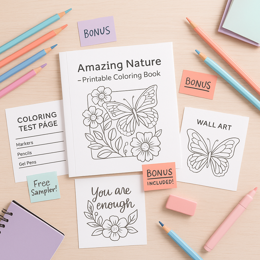 Flat lay of printable coloring book with bonus pages including wall art, affirmation sheet, and coloring test page surrounded by pastel pencils and sticky notes