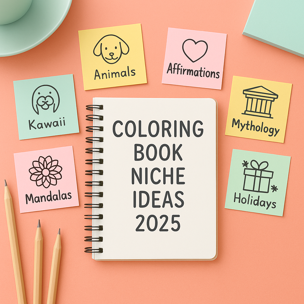 Flat lay photo of a spiral notebook labeled “Coloring Book Niche Ideas 2025” surrounded by pastel sticky notes with niche icons like Animals, Kawaii, Mandalas, Mythology, Holidays, and Affirmations on a coral background