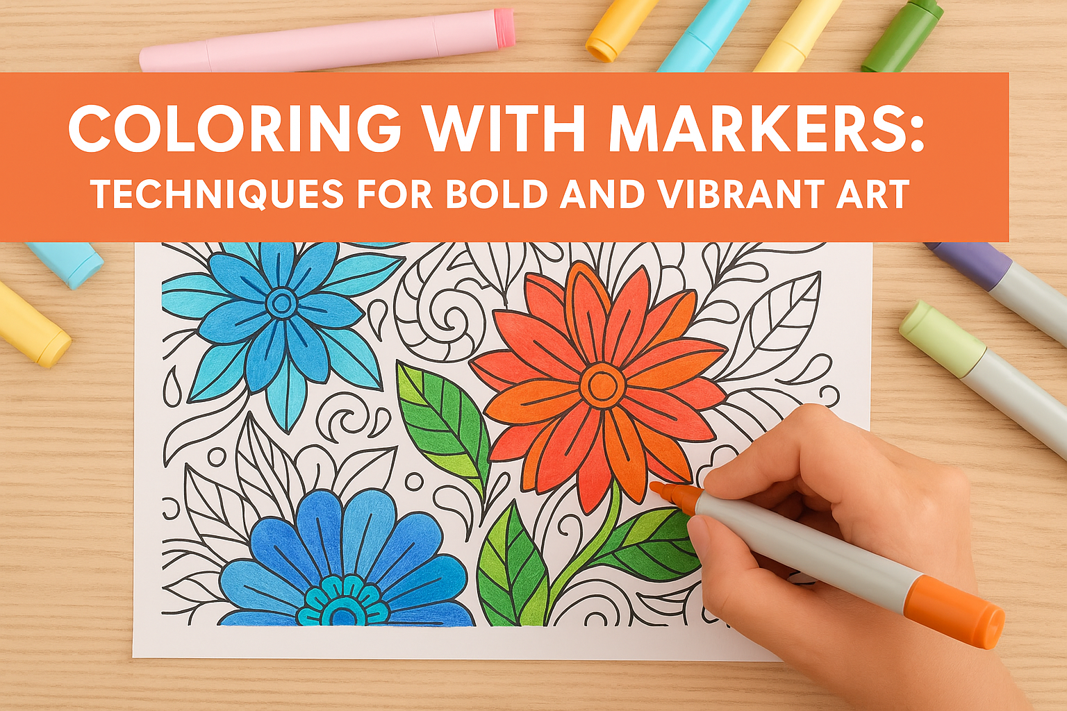 Close-up of a hand coloring a flower design with vibrant markers, surrounded by colorful markers on a wooden desk