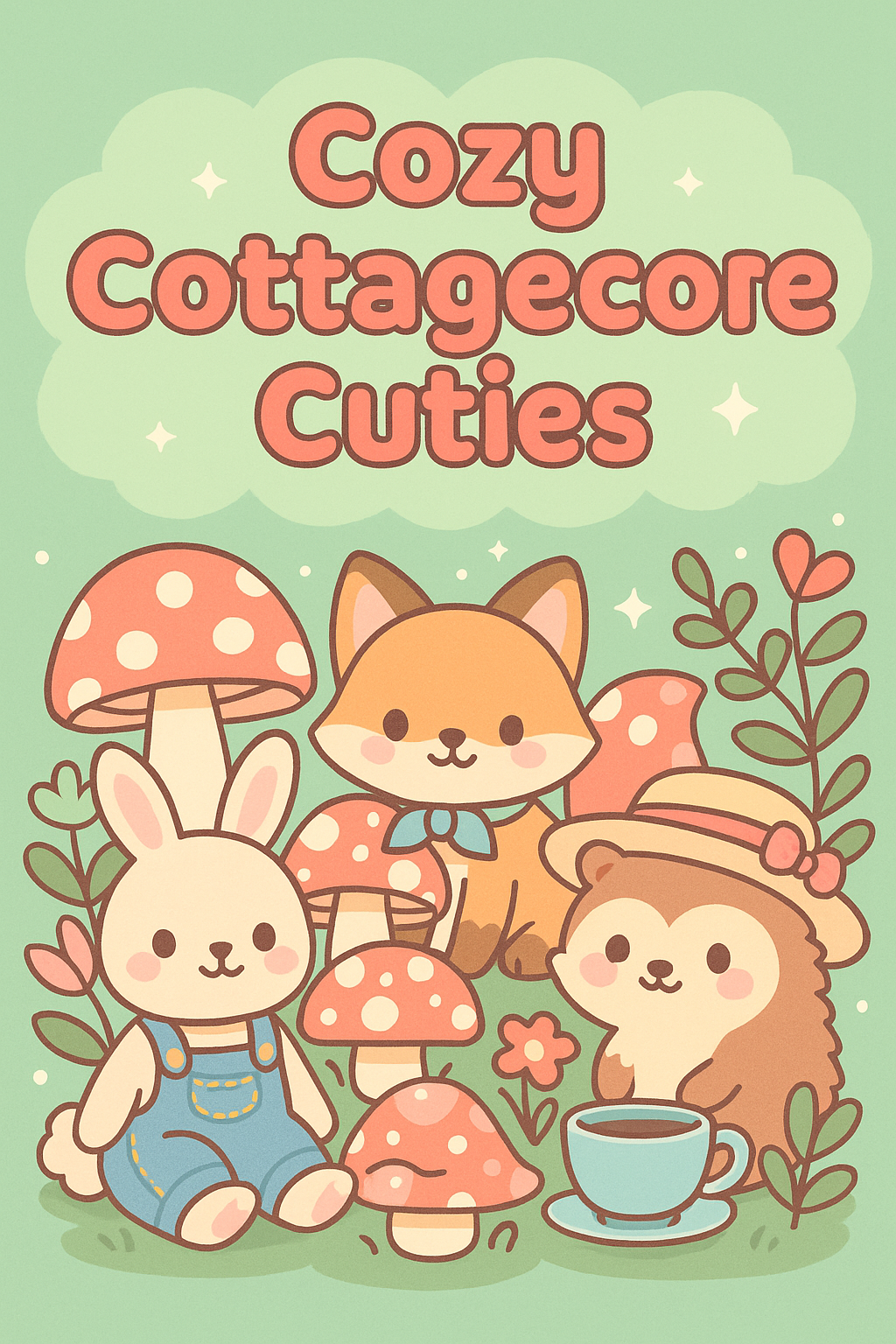 Cover of Cozy Cottagecore Cuties coloring book featuring kawaii woodland animals including a rabbit in overalls, a fox with a bow tie, and a hedgehog with a teacup, surrounded by mushrooms, flowers, and plants on a soft green background.