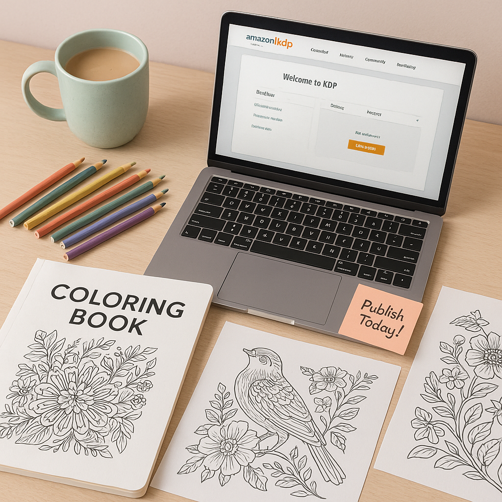 op-down view of a workspace with coloring book pages, laptop with Amazon KDP dashboard, and colored pencils