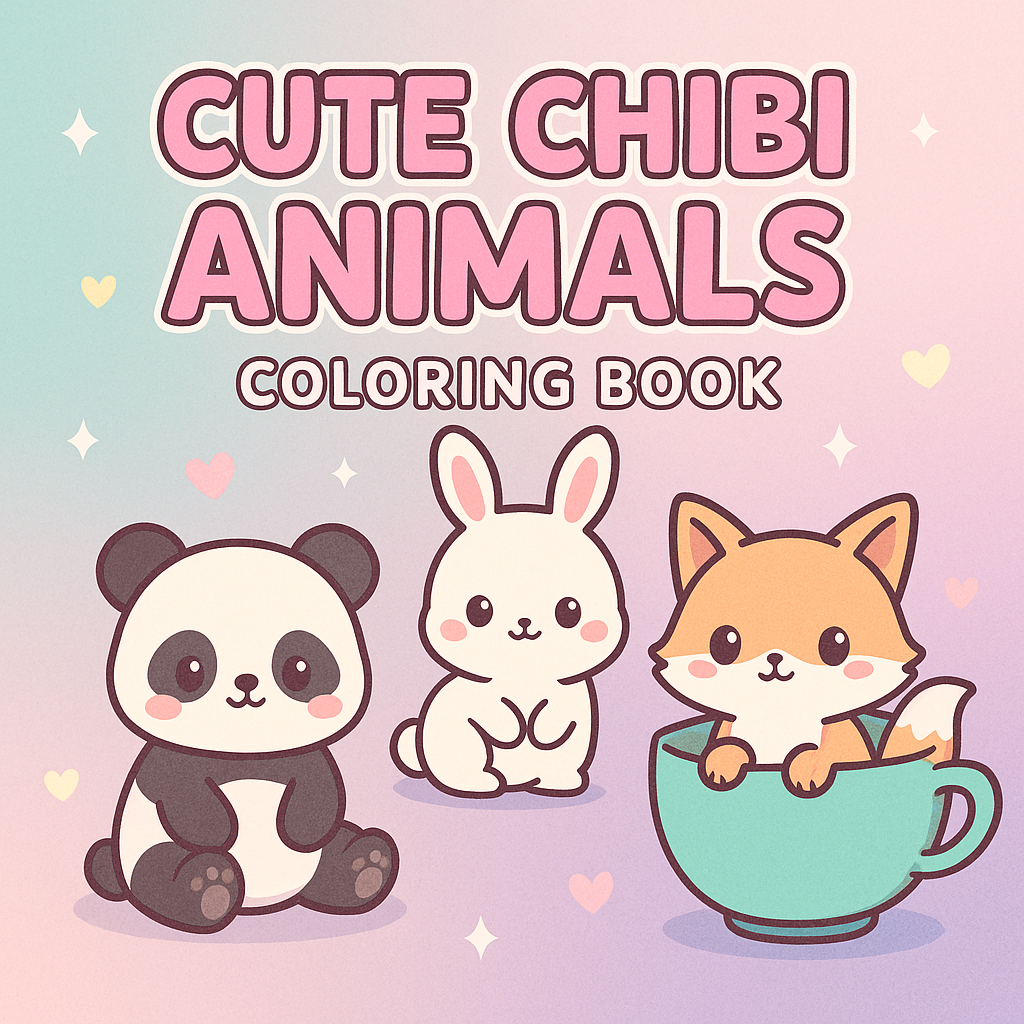 Cover of the Cute Chibi Animals coloring book featuring a kawaii panda, bunny, and fox in a teacup, with pastel background and hearts.