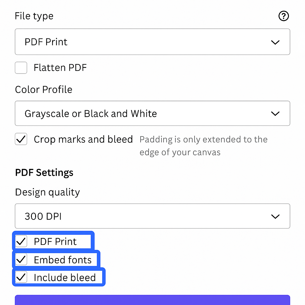 Export window showing 300 DPI, embed fonts, and include bleed options for print-ready PDF