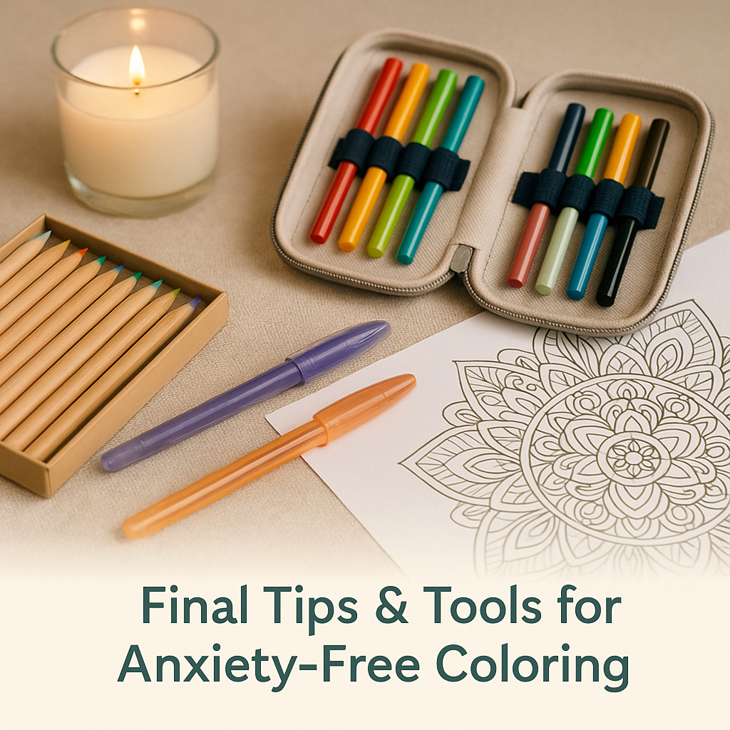 Coloring tools and a portable kit arranged for easy anxiety relief through coloring