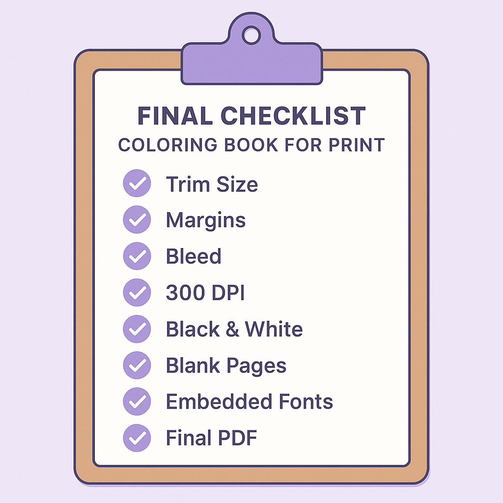 Checklist graphic showing steps like trim size, bleed, DPI, and font embedding for coloring book formatting