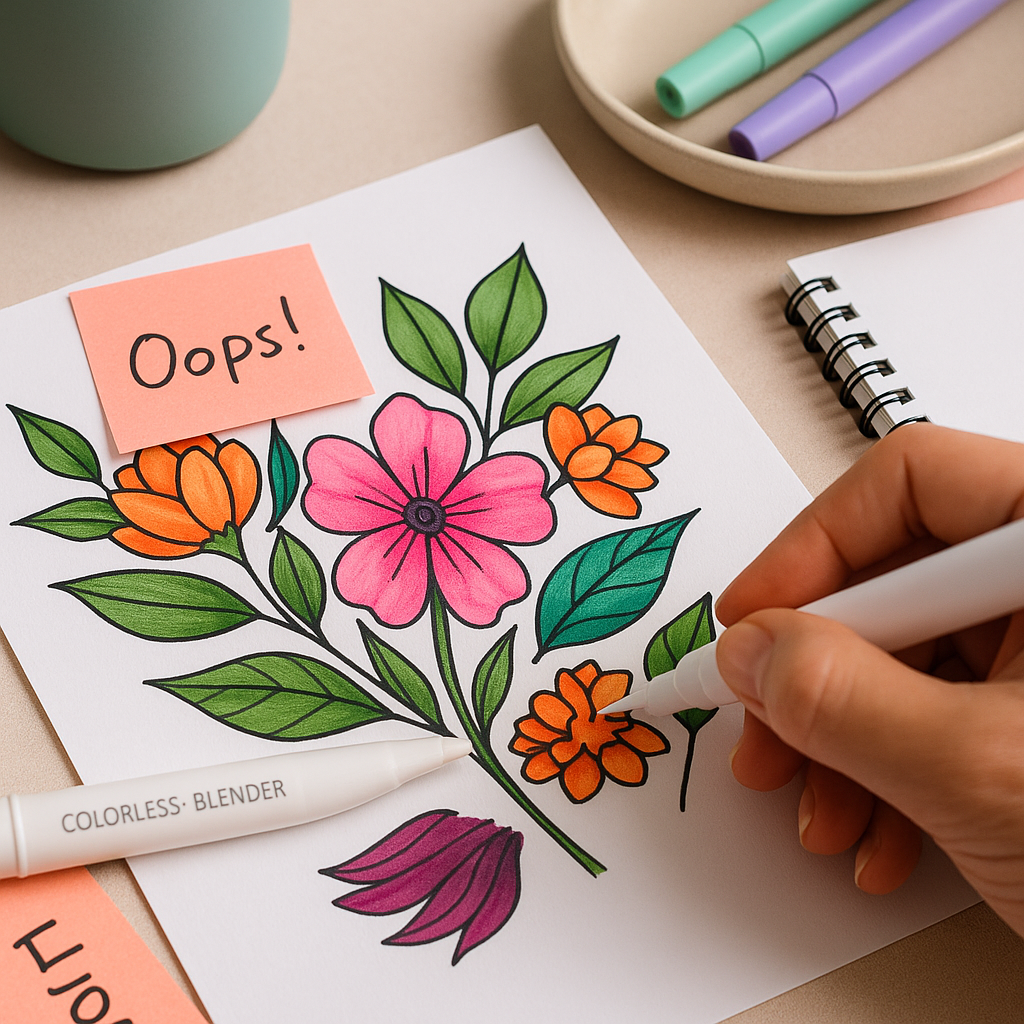Close-up of a floral coloring page being corrected with a white gel pen, surrounded by a colorless blender, pastel pens, and a coral sticky note labeled Oops!