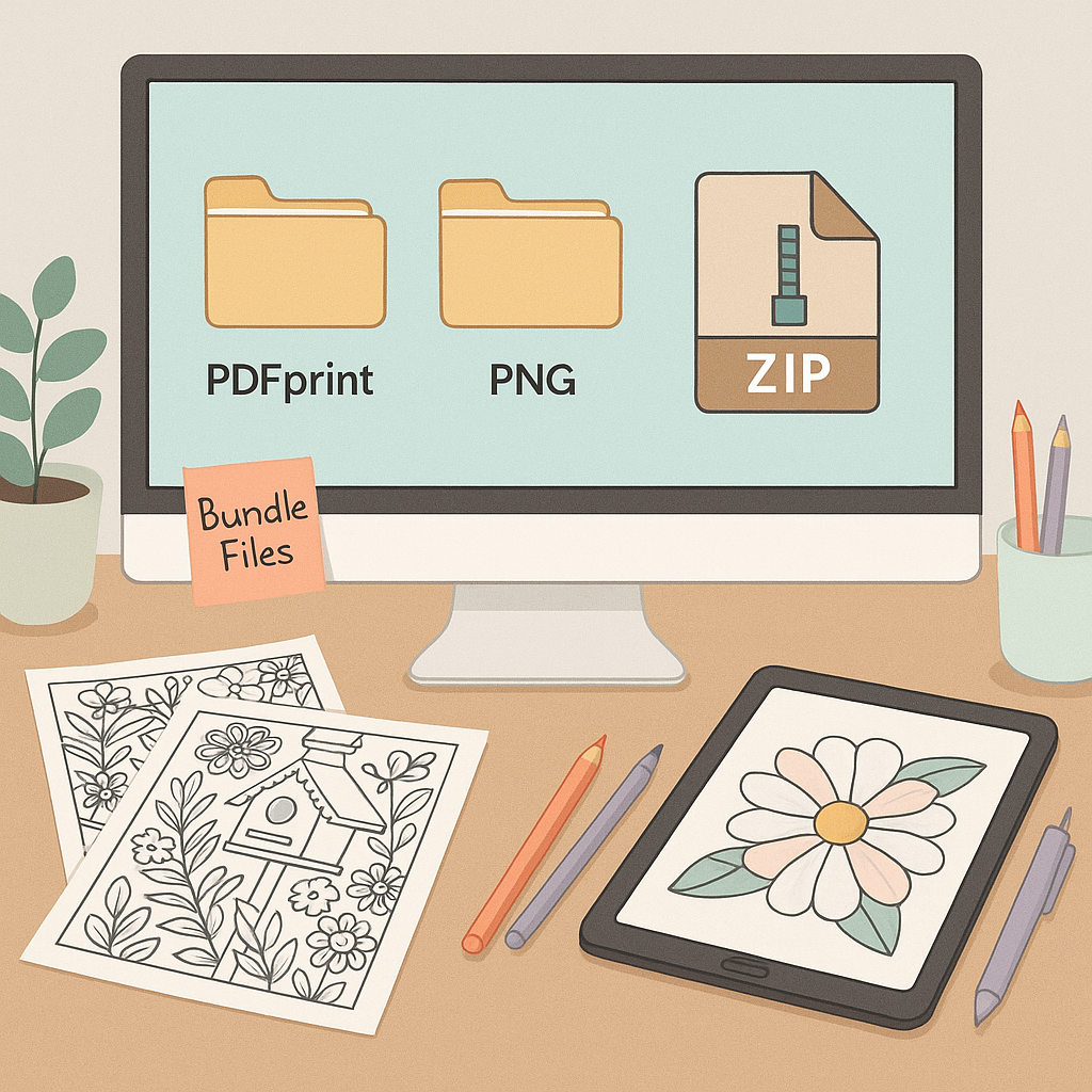 Digital workspace with monitor showing PDFprint, PNG, and ZIP folders, printed coloring pages, and a tablet with a floral design