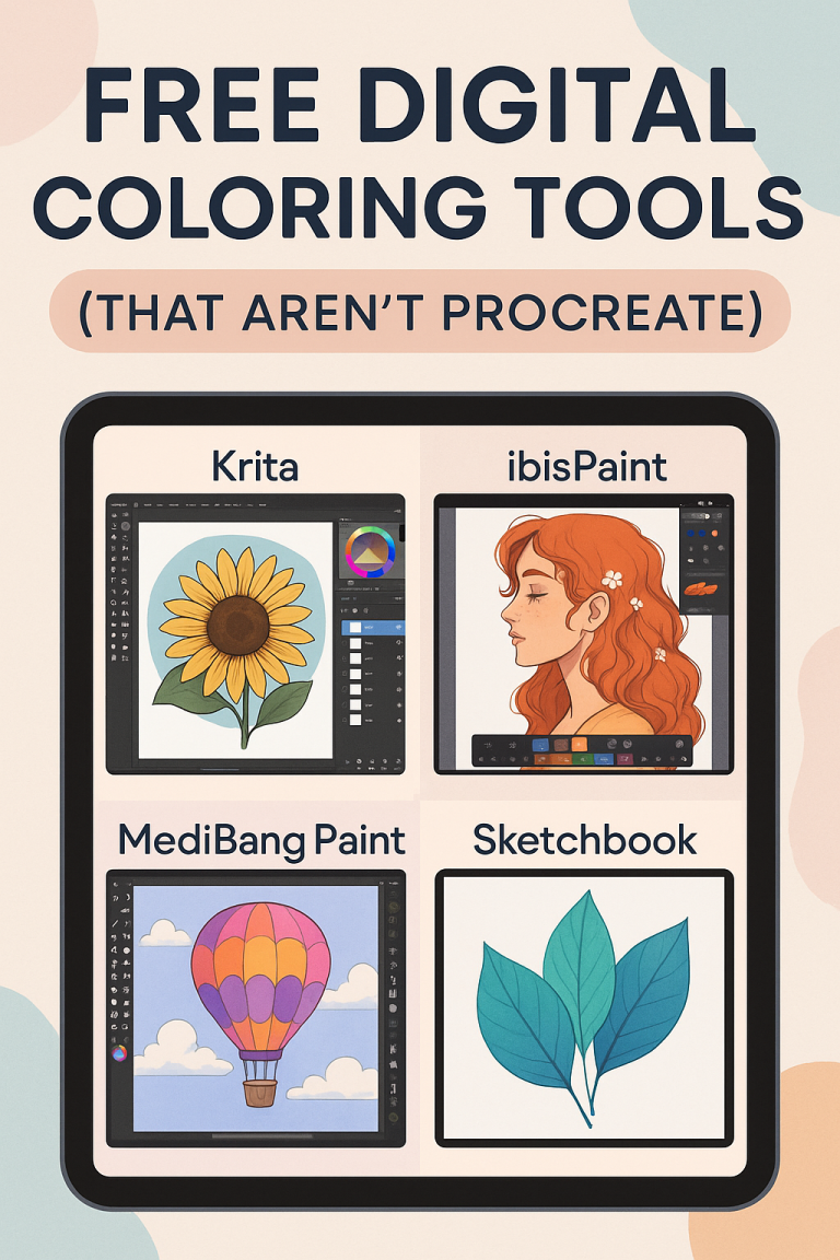 Illustration of four free digital coloring tools—Krita, ibisPaint, MediBang Paint, and Sketchbook—displayed on a tablet screen with colorful artwork.